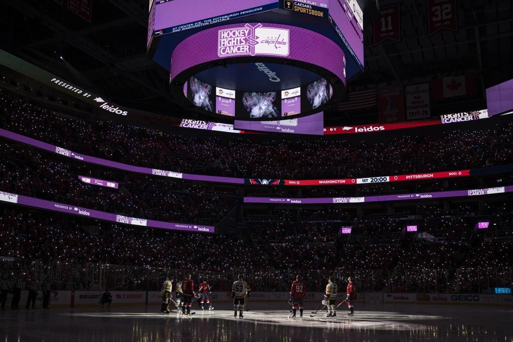 WASHINGTON, DC - NOVEMBER 14: Washington Capitals and Pittsburgh Penguins stand in a circle at center ice for a Hockey Fights Cancer ceremony before the game at Capital One Arena on November 14, 2021 in Washington, DC. (Photo by Scott Taetsch/Getty Images)